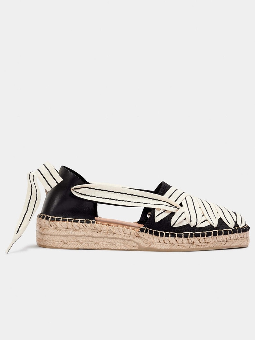 Naguisa SUKHA BLACK STRIPES Black and Ecru Espadrille Flat Sandals US 11
